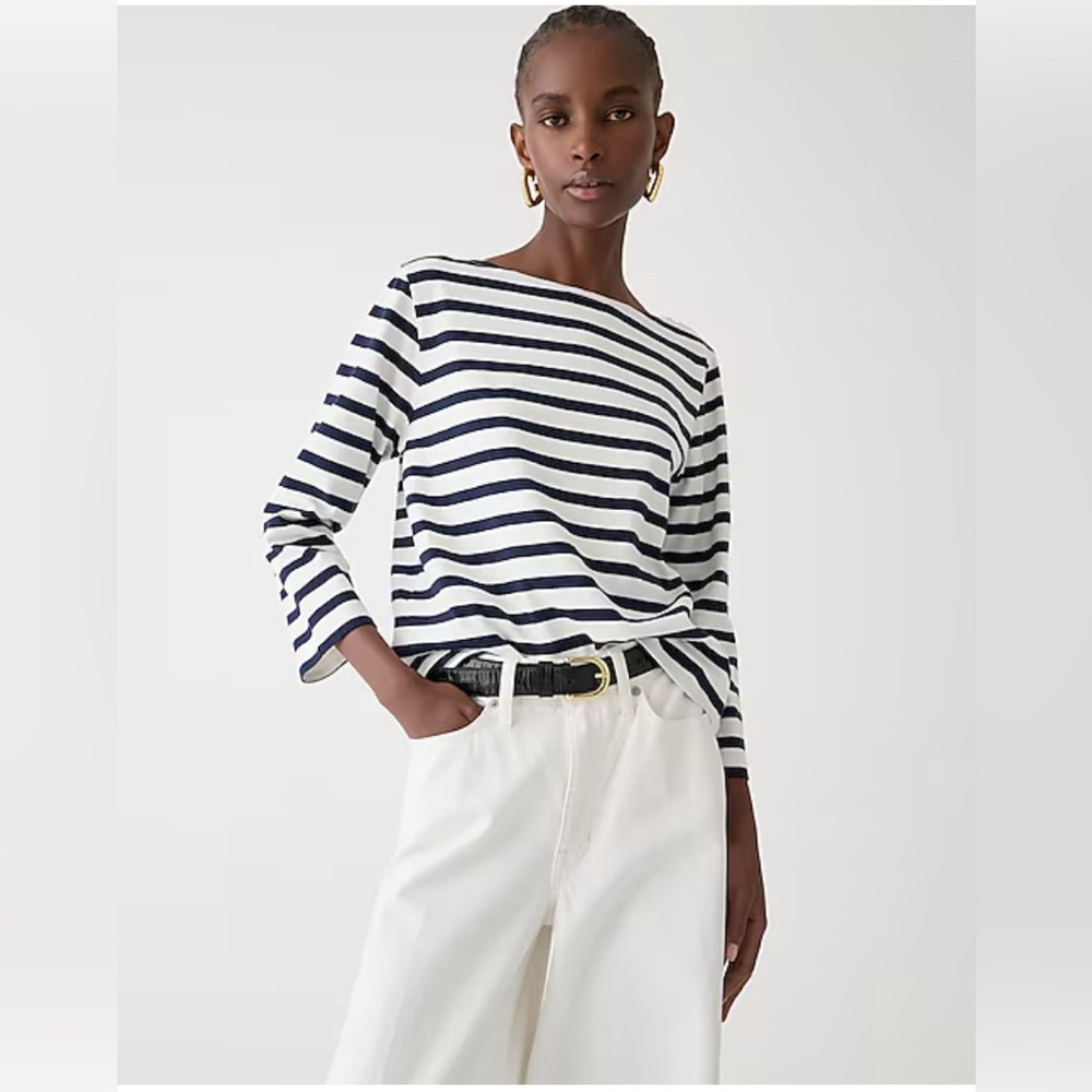 NWT J.Crew Size XS Classic mariner cloth boatneck T-shirt in stripe Ivory Navy